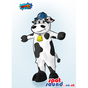 Black And White Cow With A Blue Cap Mascot Drawing Design -