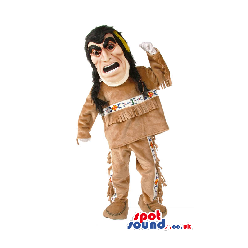 Angry Native Indian Human Mascot With Brown Garments - Custom