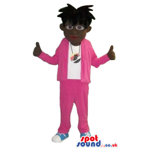 Cool Plush Mascot With A Black Hairdo In Flashy Pink Tracksuit