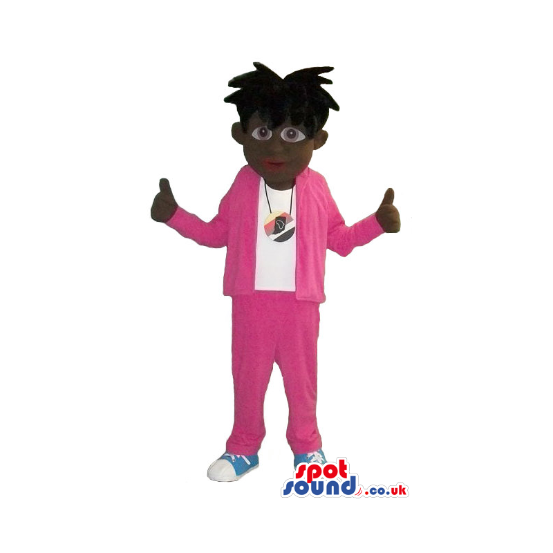 Cool Plush Mascot With A Black Hairdo In Flashy Pink Tracksuit