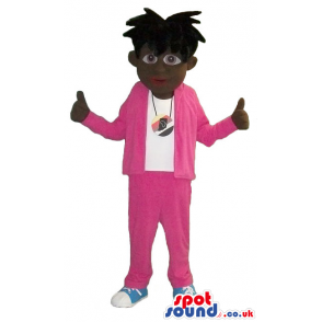 Cool Plush Mascot With A Black Hairdo In Flashy Pink Tracksuit