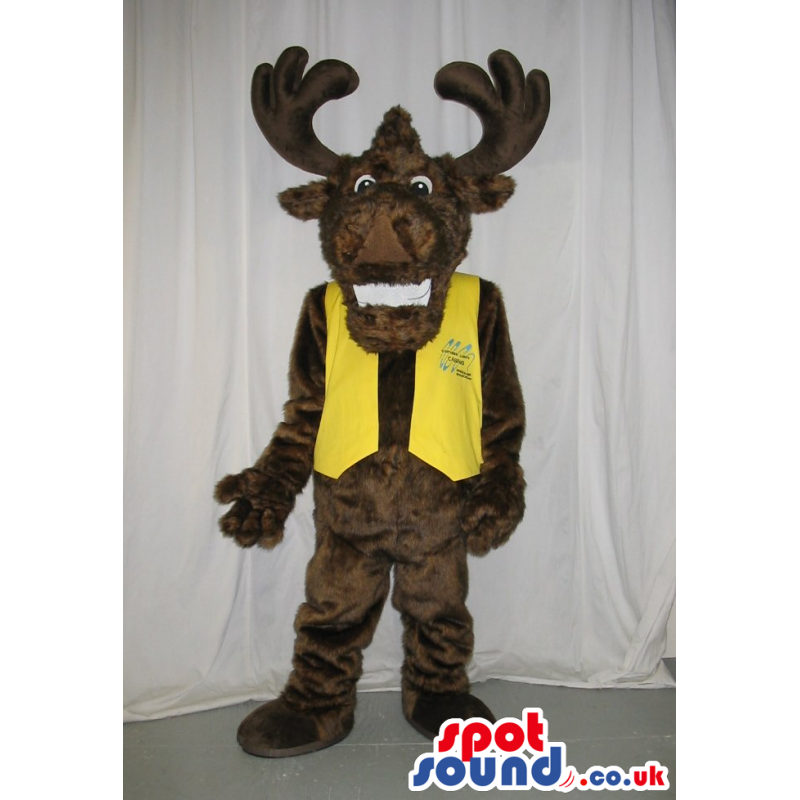 Brown Reindeer Animal Plush Mascot Wearing A Yellow Vest -