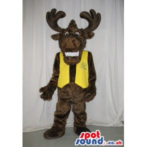 Brown Reindeer Animal Plush Mascot Wearing A Yellow Vest -