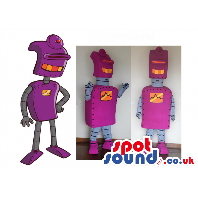 Three Customizable Purple Robot Plush Mascots And A Drawing -