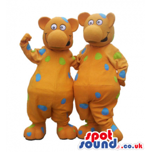 Two Customizable Brown Bear Plush Mascots With Colorful Dots -
