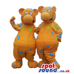 Two Customizable Brown Bear Plush Mascots With Colorful Dots -