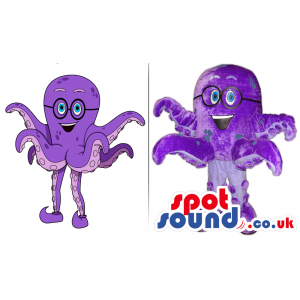 Cute Purple Octopus Plush Mascot And Drawing Wearing Glasses -