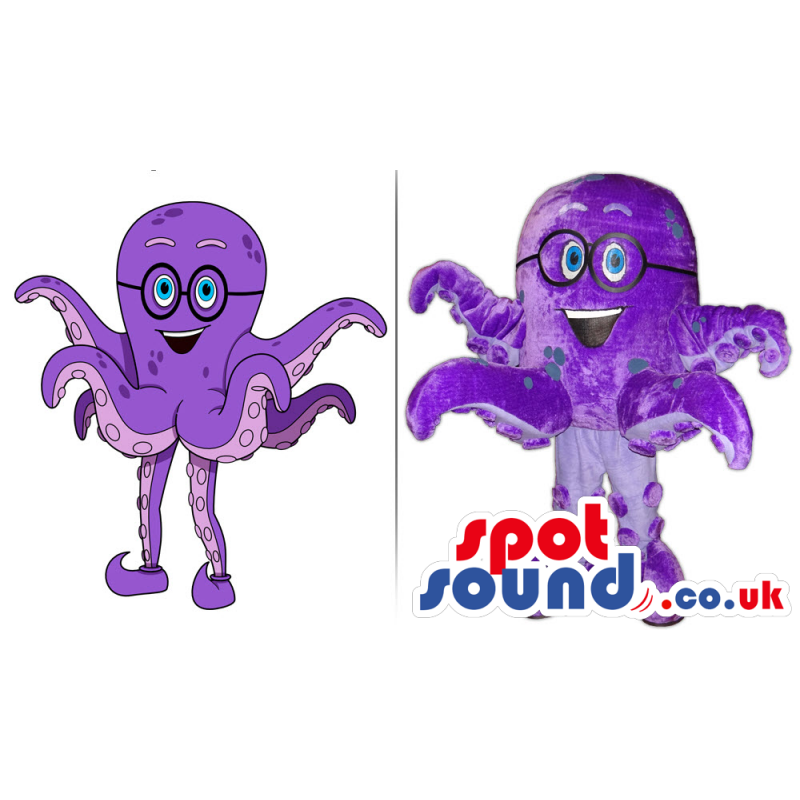 Cute Purple Octopus Plush Mascot And Drawing Wearing Glasses -