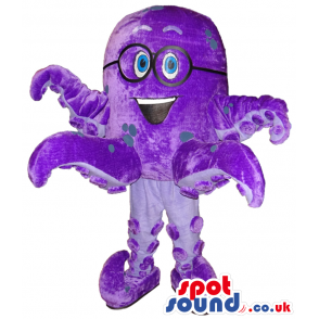 Cute Purple Octopus Plush Mascot And Drawing Wearing Glasses -