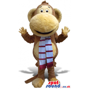Brown Monkey Mascot With Big Nose Wearing A Striped Scarf -