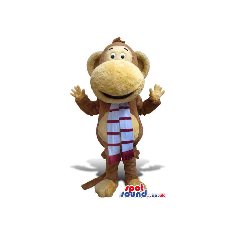 Brown Monkey Mascot With Big Nose Wearing A Striped Scarf -