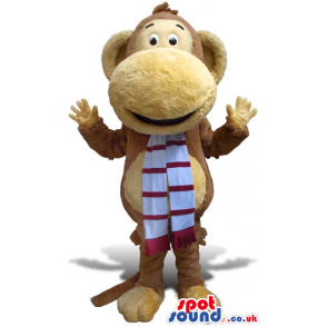 Brown Monkey Mascot With Big Nose Wearing A Striped Scarf -