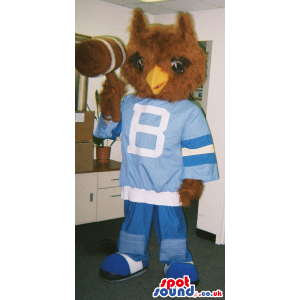 Brown Owl Plush Mascot With A Hammer Wearing A Blue Sweatshirt