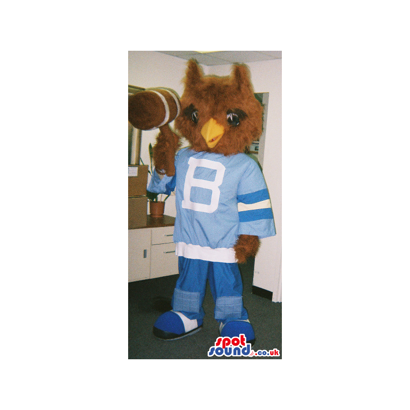 Brown Owl Plush Mascot With A Hammer Wearing A Blue Sweatshirt