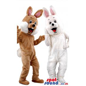 White & brown rabbit mascot giving an amazed look - Custom
