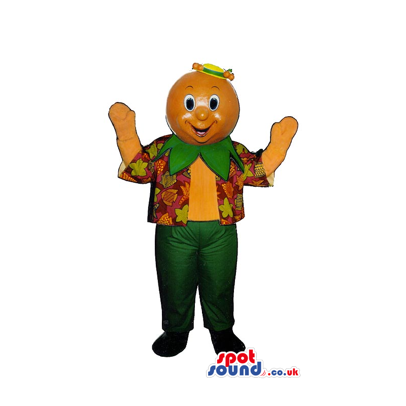 Orange Fruit Head Character Mascot Wearing A Colorful Vest -