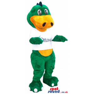 Green Dinosaur Plush Mascot Wearing A White T-Shirt With Text -