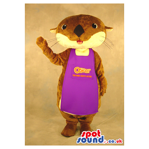 Otter Plush Mascot Wearing A Purple Apron With Text And Logo -