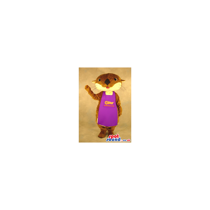 Otter Plush Mascot Wearing A Purple Apron With Text And Logo -