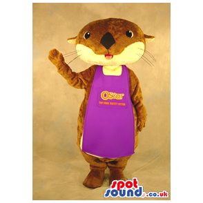 Otter Plush Mascot Wearing A Purple Apron With Text And Logo -