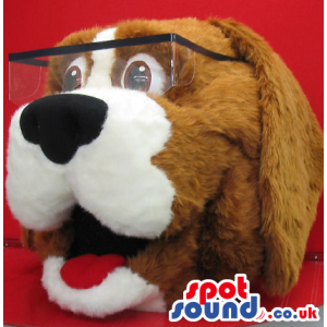 Brown And White Dog Plush Mascot Head Wearing Glasses - Custom