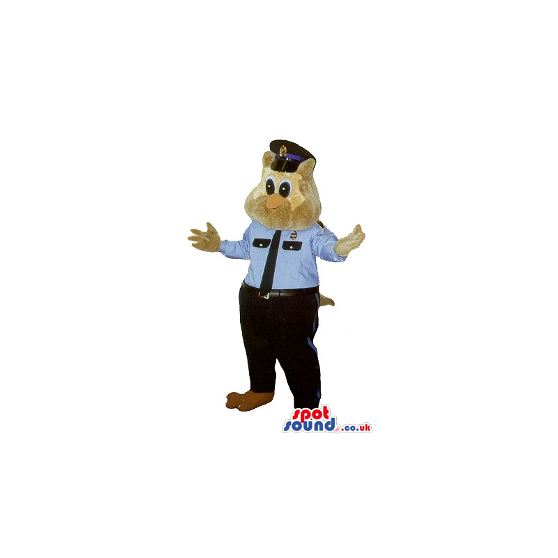 Brown Owl Plush Mascot With A Hairy Face Wearing A Police
