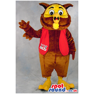 Brown And Yellow Owl Plush Mascot Wearing A Red Vest - Custom