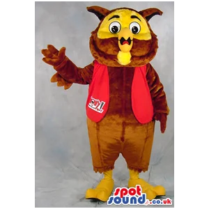 Brown And Yellow Owl Plush Mascot Wearing A Red Vest - Custom