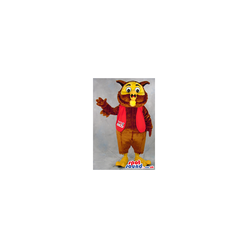 Brown And Yellow Owl Plush Mascot Wearing A Red Vest - Custom