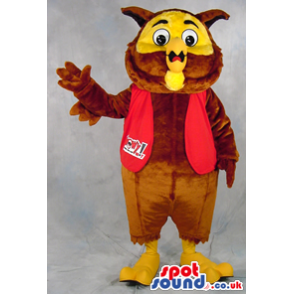 Brown And Yellow Owl Plush Mascot Wearing A Red Vest - Custom