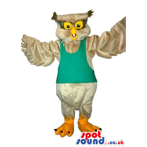 Grey Owl Plush Mascot With Yellow Eyes Wearing A Green T-Shirt