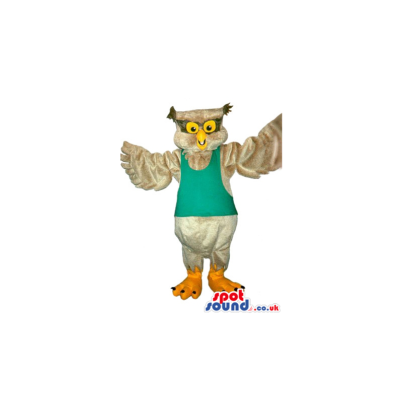 Grey Owl Plush Mascot With Yellow Eyes Wearing A Green T-Shirt