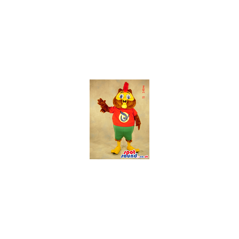 Brown Owl Plush Mascot Wearing A Red And Green Shorts - Custom