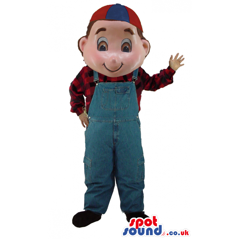 Boy Character Mascot Wearing A Checked Shirt, Overalls And A