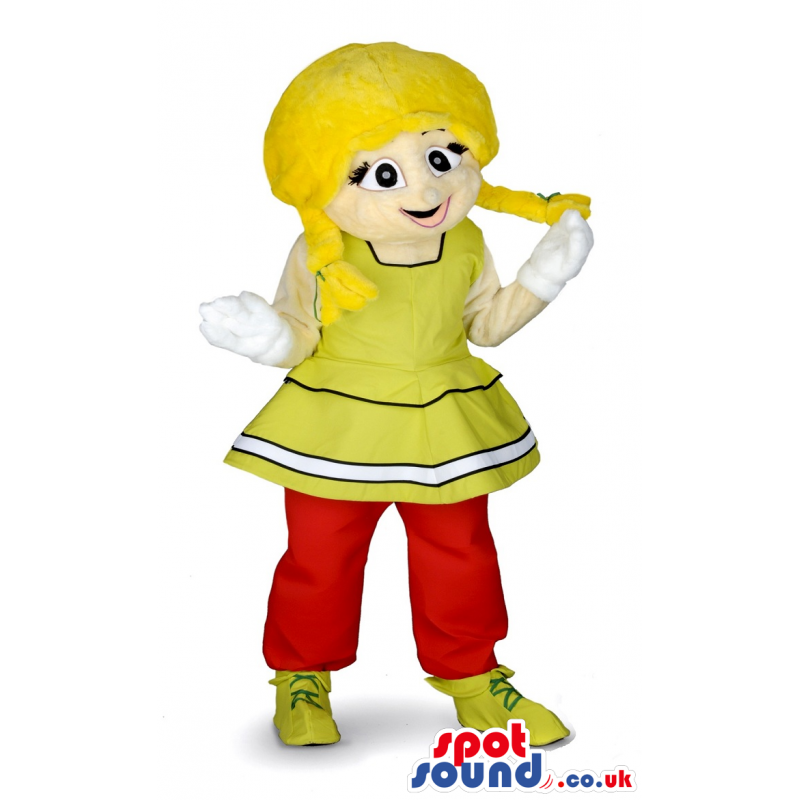 Cute smiling girl mascot with yellow dress and red trousers -
