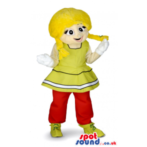 Cute smiling girl mascot with yellow dress and red trousers -