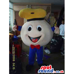 Cute Round Plush Ball Mascot Wearing A Hat And A Bow Tie -