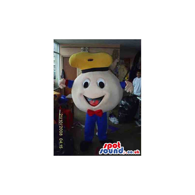 Cute Round Plush Ball Mascot Wearing A Hat And A Bow Tie -