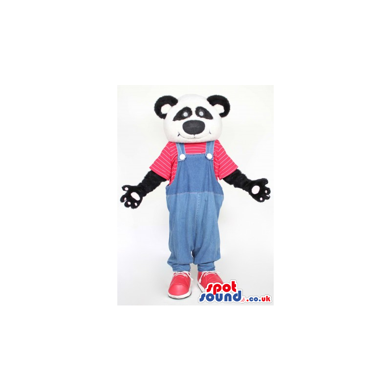 Cute Panda Bear Animal Plush Mascot Wearing Red And Blue