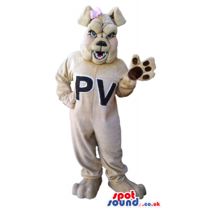Beige Dog Plush Mascot With Letter On Its Body And A Pink