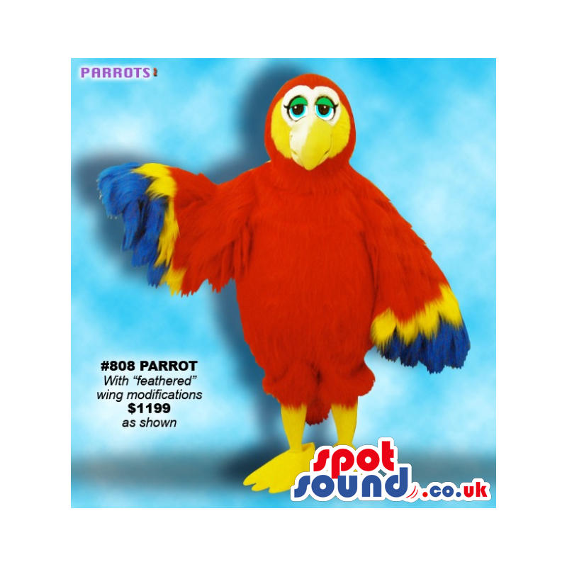 Funny Red Parrot Plush Mascot With Blue And Yellow Wings -