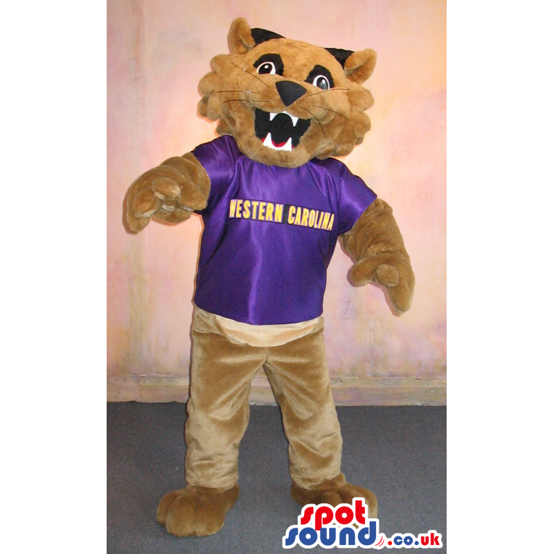 Brown Tiger Plush Mascot Wearing A Purple T-Shirt With Text -