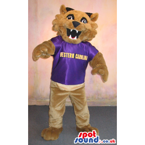 Brown Tiger Plush Mascot Wearing A Purple T-Shirt With Text -