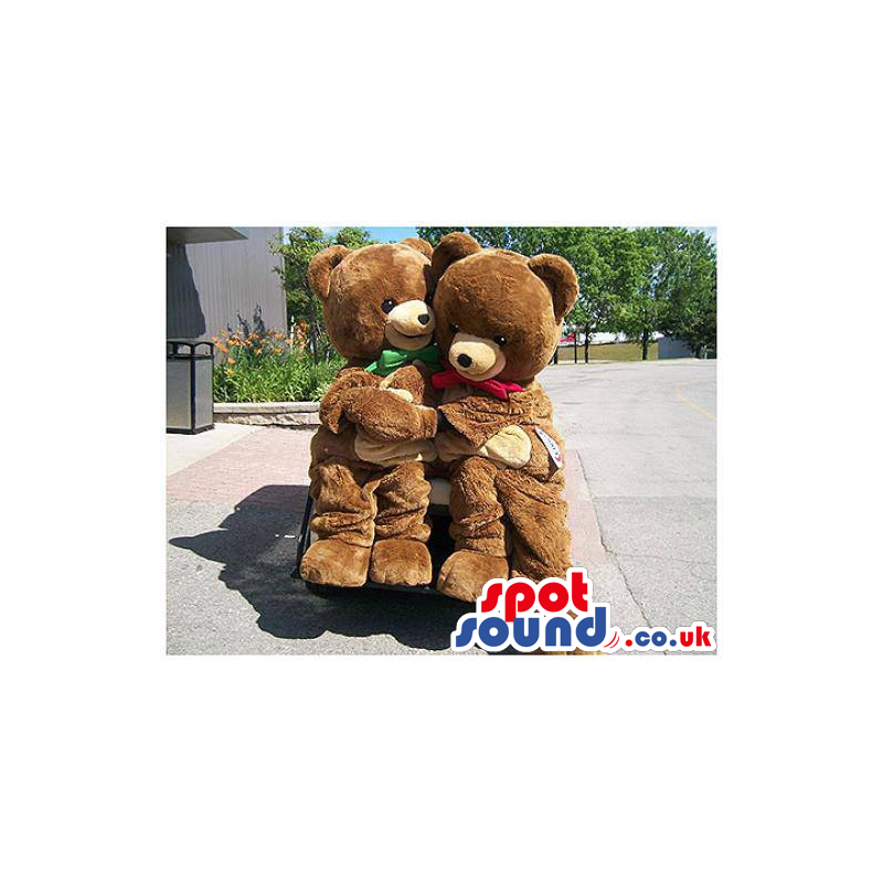 Brown Teddy Bear Plush Mascot Couple With Colorful Ribbons -