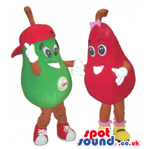 Green Boy And Girl Red Pear Mascot Couple With A Logo - Custom