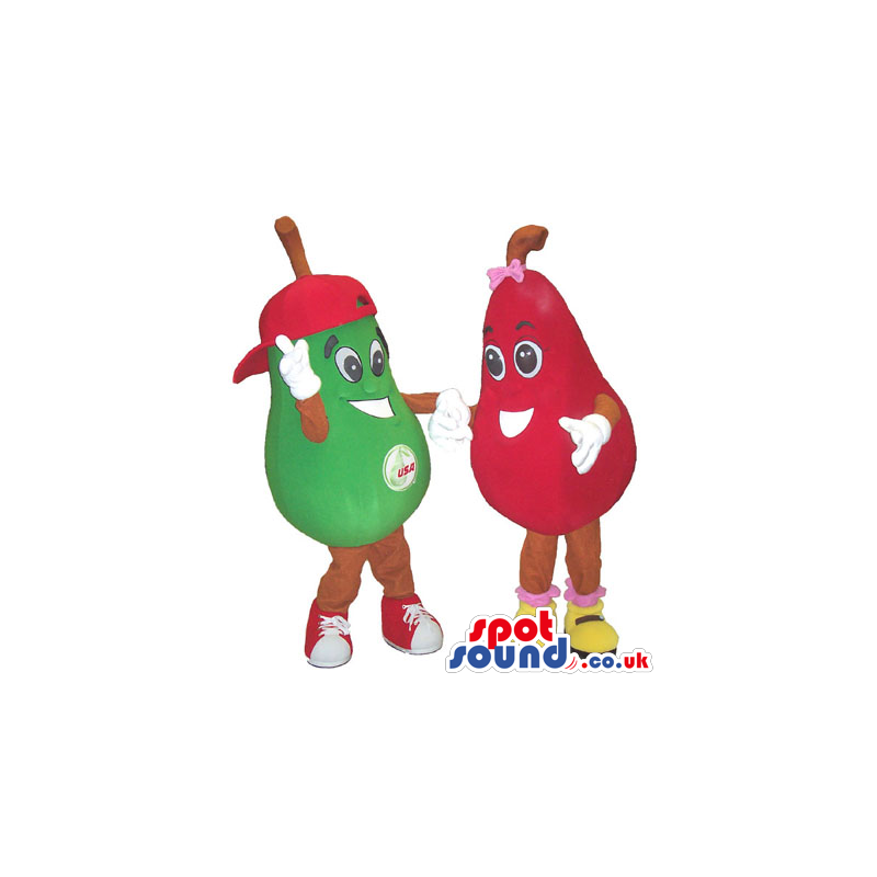 Green Boy And Girl Red Pear Mascot Couple With A Logo - Custom