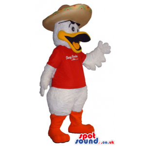 Duck Plush Mascot Wearing A T-Shirt With Logo And A Mexican Hat