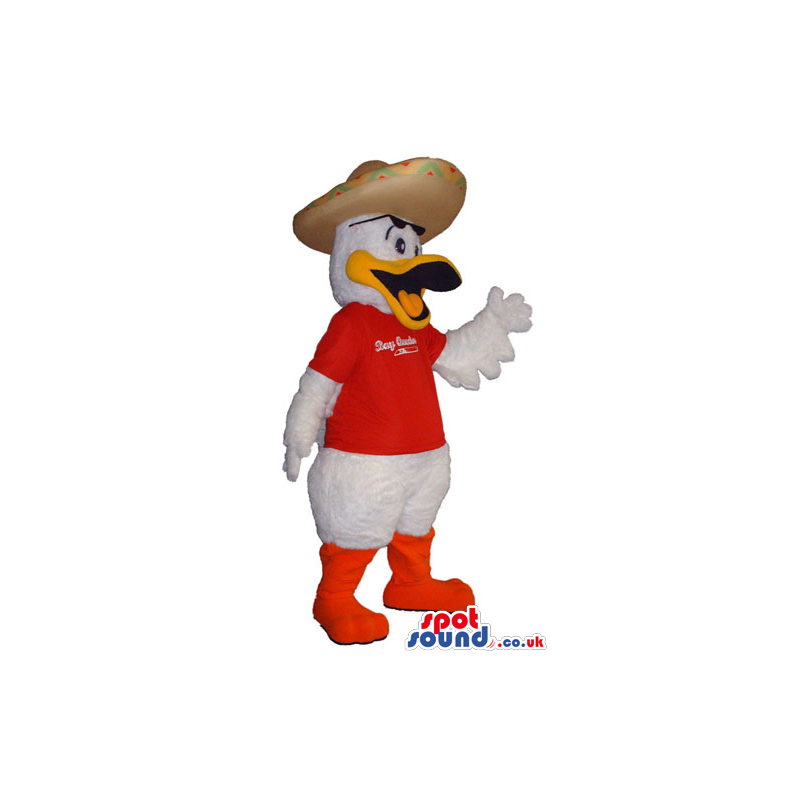 Duck Plush Mascot Wearing A T-Shirt With Logo And A Mexican Hat