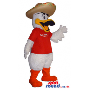 Duck Plush Mascot Wearing A T-Shirt With Logo And A Mexican Hat
