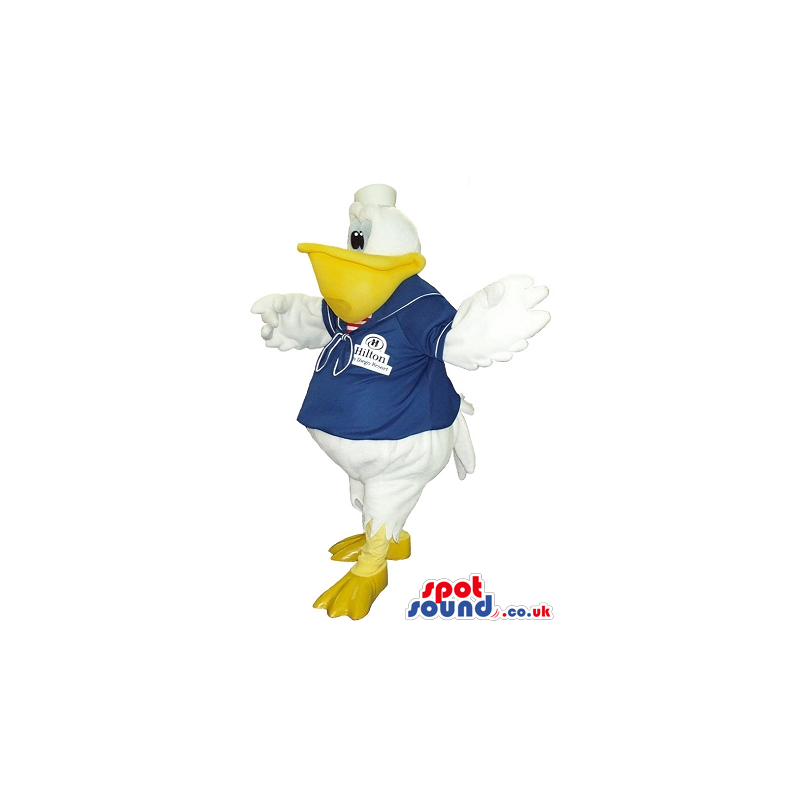 White Pelican Plush Mascot Wearing A Blue Naval Shirt With Logo